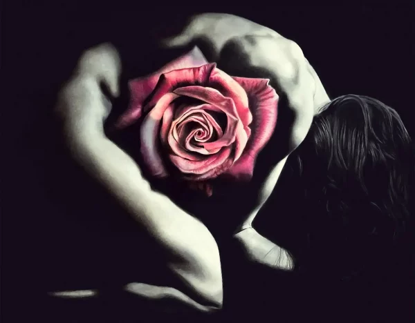 Figura femminile intrecciata a una rosa, tra fragilità e tensione emotiva.